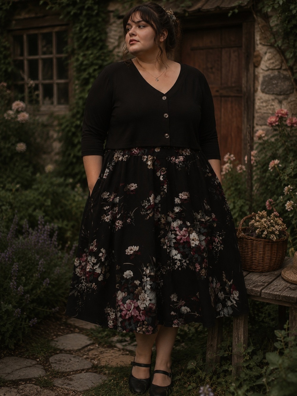 Dark‎ Cottagecore Moody Floral Whimsigoth Button Front Dress Plus Size 20